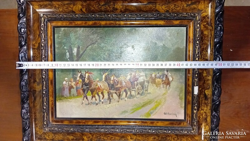 Bélaváry Burchard István, lovasfogat olaj-karton festmény
