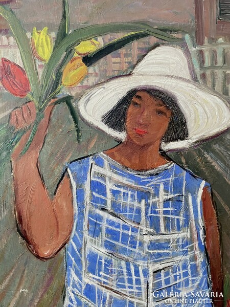 Gisella D. Borbély (1926-1994) 1964 girl in a white hat with a tulip flower retro gallery wooden fe