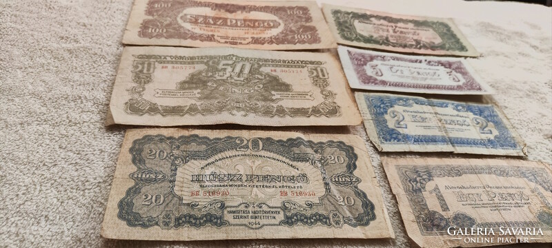 1944-es Vörös Hadsereg pengő sor: 1, 2, 5, 10, 20, 50, 100 (VF-G) | 7 db bankjegy