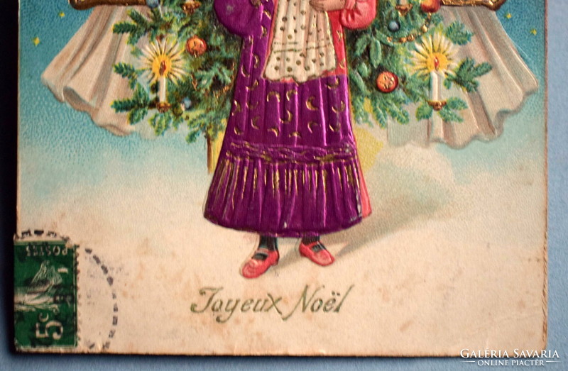 Antique embossed Christmas greeting card - little girl playing with doll, angels, Christmas tree