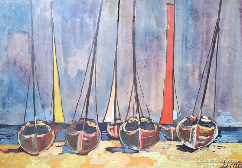 Kikötő - festmény ezüst színű keretben, szignózott - hajózás, hajók, tenger