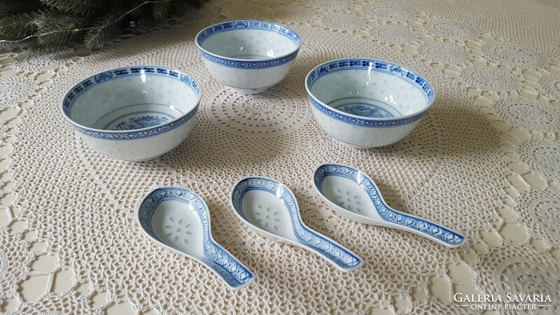 Kínai rizsszemes porcelán készlet 3 db.