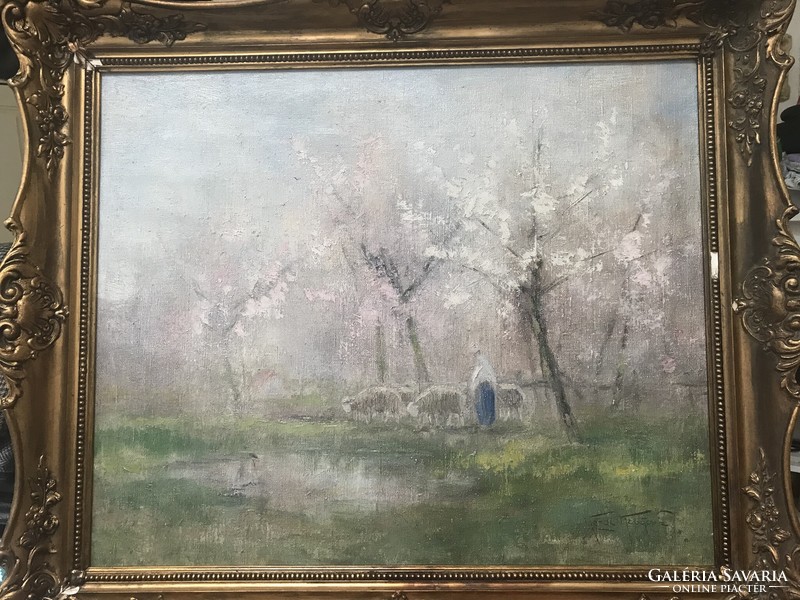 Kézdi kovács element: oil among blooming trees, canvas with beautiful pastel colors