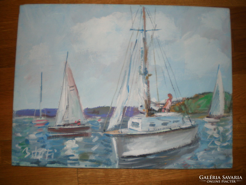 József Bánfi 1936 - , Balaton. 39 cm x 29 cm canvas, oil. Wonderful sailing
