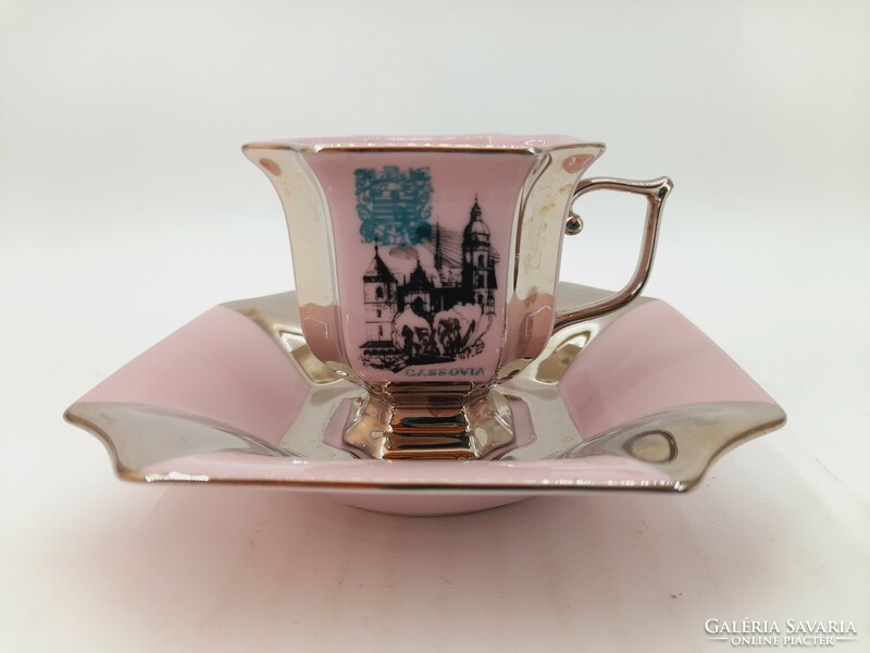 Haas & Czjzek kávéscsésze aljjal, rózsaszín és ezüst