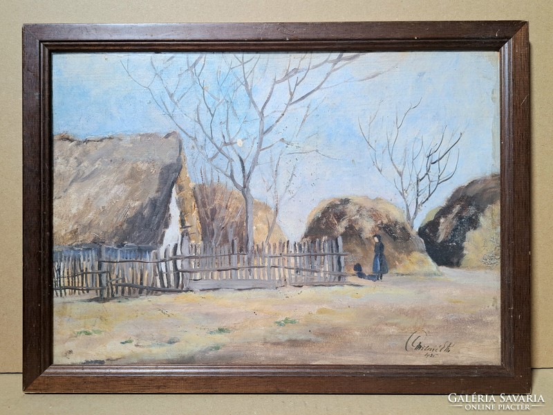 Faluszéle 1935 signed oil painting in a frame