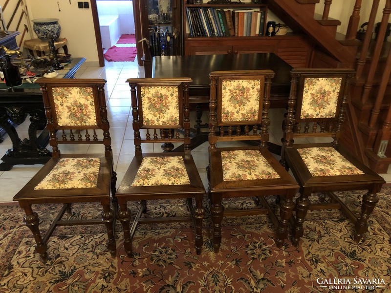 4 pewter dining chairs with floral upholstery