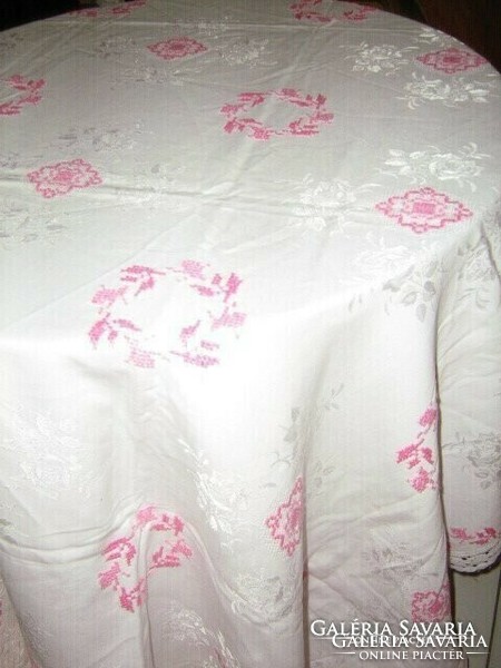 Dreamy, special embroidered pink silk damask tablecloth with a lace edge