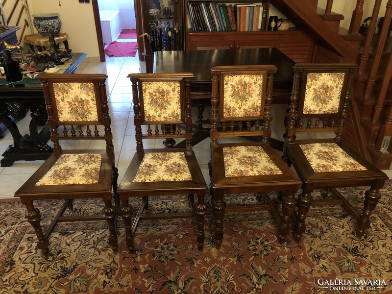 4 pewter dining chairs with floral upholstery