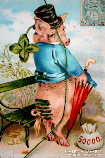 Antique greeting card - Mr. Pig / Pig and the case of the freshly painted bench, 4-leaf clover, bag of money