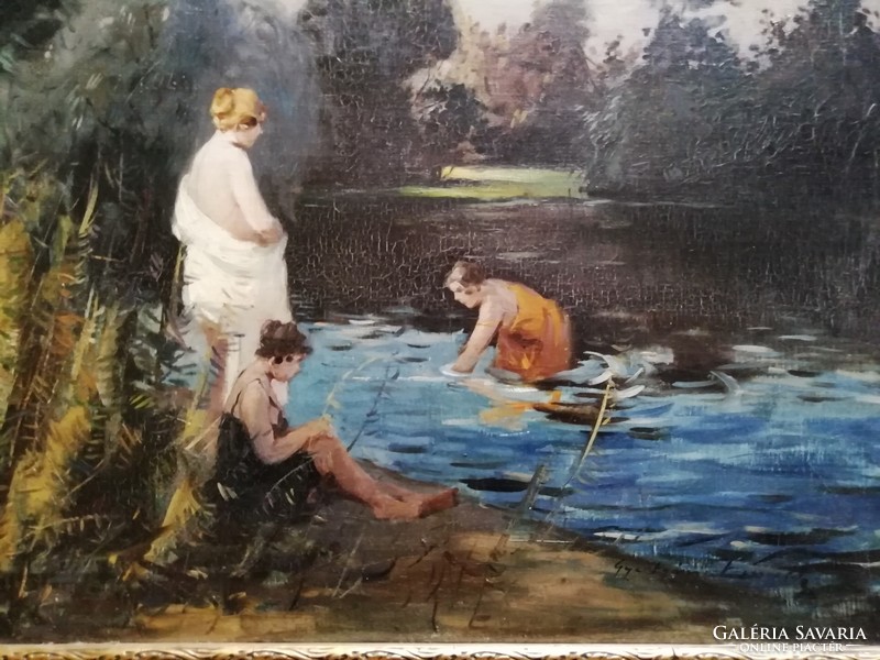 Gyula Németh Hertian: bathers oil, canvas painting, 80 x 60 cm