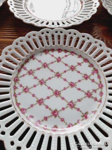 Antique openwork small plates with a rose pattern, 11 pieces in one