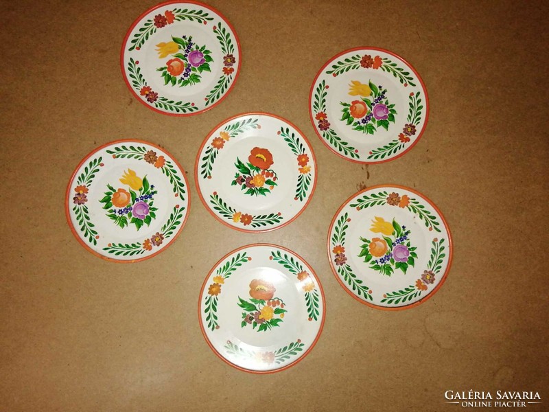 Retro folk painted metal plate wall plate decorative plate - 6 pcs in one - dia. 20.5 cm (bb)