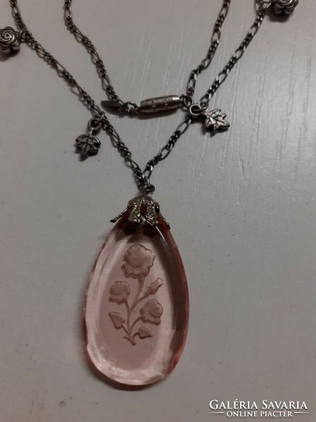 Old silver-plated chain in good condition with a pink glass pendant with a rose bouquet pattern inside