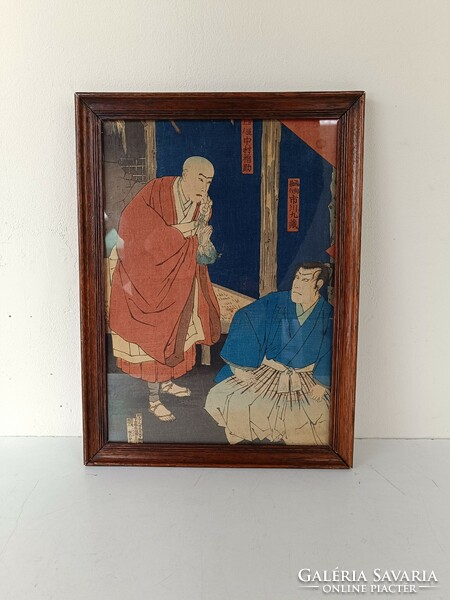 Antique Japanese woodcut samurai motif in frame 716 8326