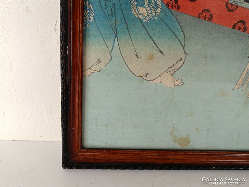 Antik Japán fametszet gésa tánc életkép motívum keretben 717 8327