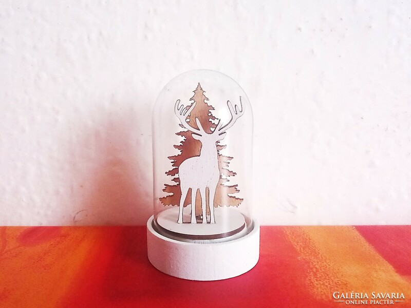 LED lighting Christmas, winter ornament, decoration, pine tree and deer under a glass canopy