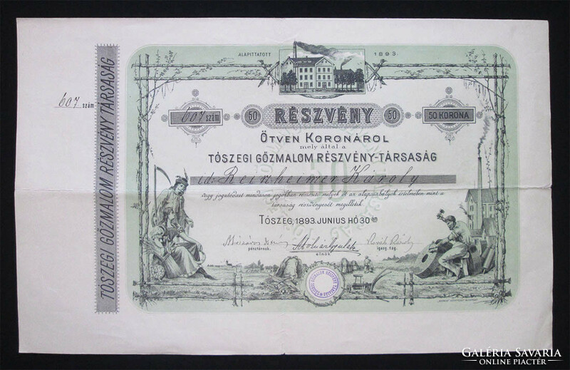 Tószegi Gőzmalom Részvénytársaság részvény 500 korona 1893 - Tószeg