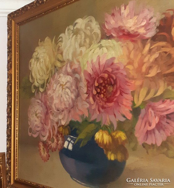 Antique large flower arrangement with beautiful frame 77x65