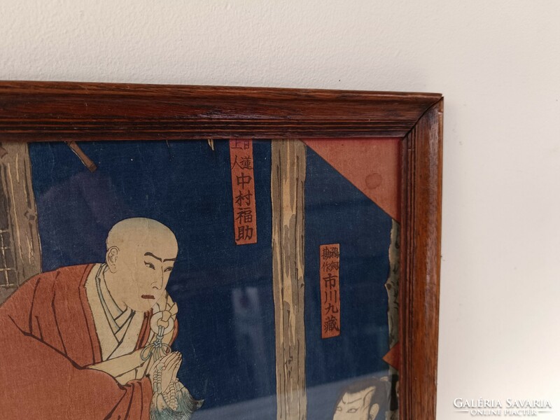 Antique Japanese woodcut samurai motif in frame 716 8326