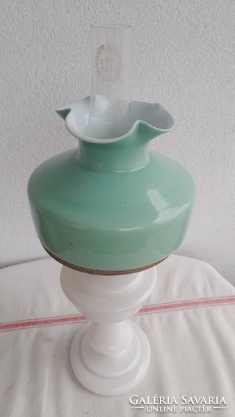 Milk glass table kerosene lamp, flawless, with green shade, 47 cm high