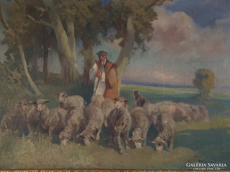 Jelzett juhász falusi paraszti témájú olaj vászon festmény