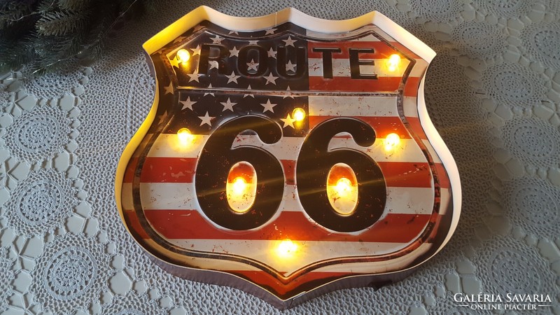 Route 66 felíratú,fémlemez világító falidísz,dekoráció