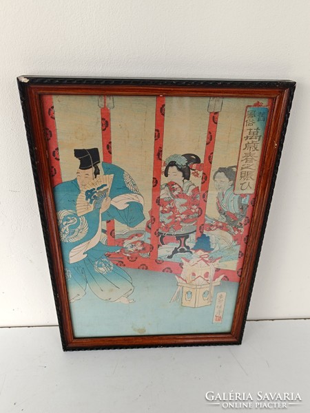 Antique Japanese woodcut geisha dance life portrait motif in frame 717 8327