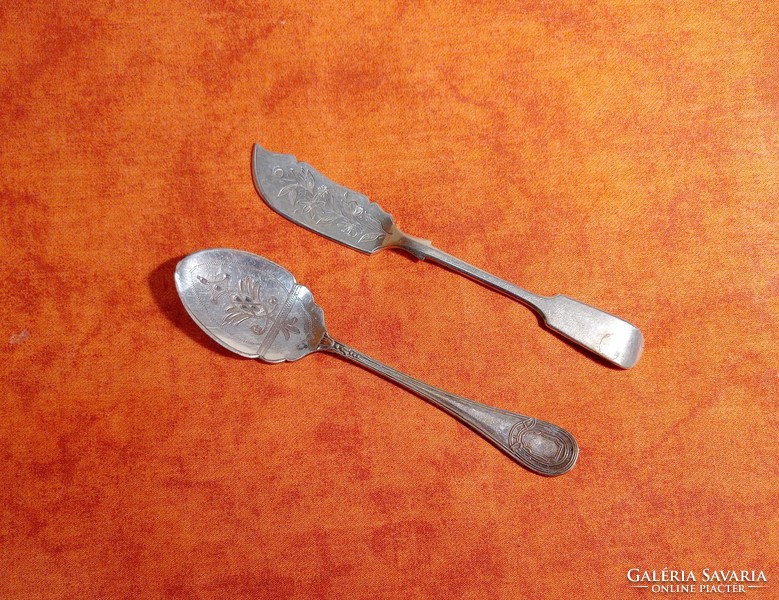 Antique English jam spoon and small cake spatula, silver-plated