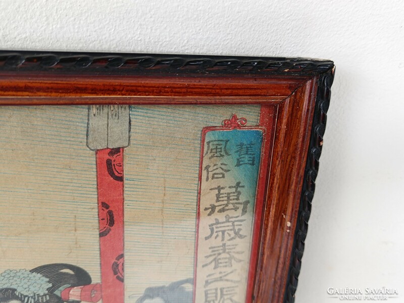 Antique Japanese woodcut geisha dance life portrait motif in frame 717 8327