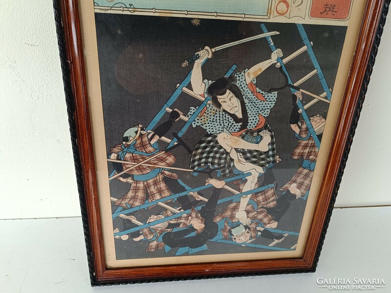 Antique Japanese woodcut samurai fight motif in frame 720 8331
