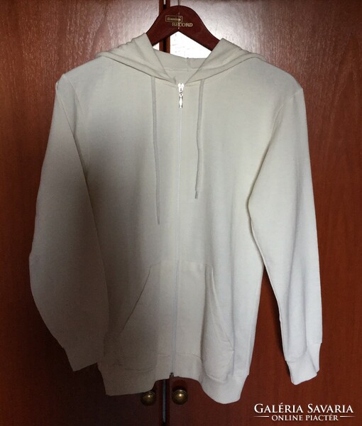White zippered, pocketed, hooded, completely new M top, 100% cotton, cheap for sale!
