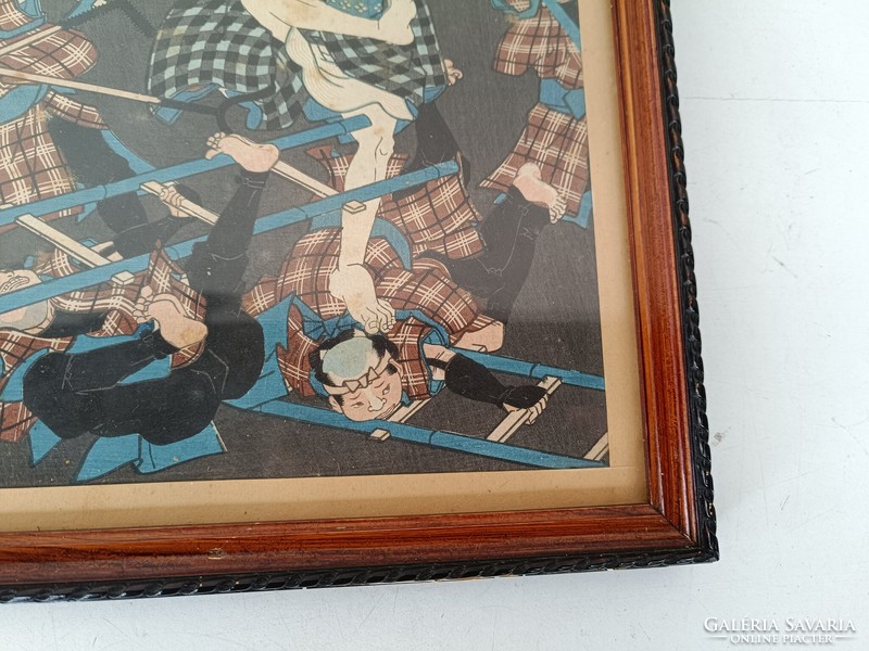 Antique Japanese woodcut samurai fight motif in frame 720 8331