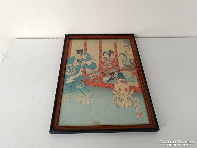 Antique Japanese woodcut geisha dance life portrait motif in frame 717 8327