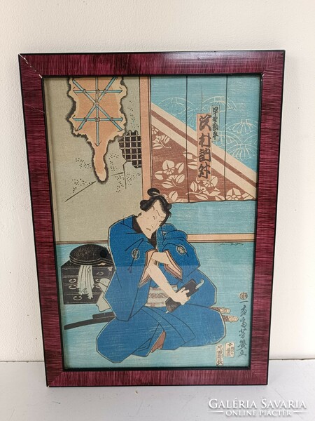 Antik Japán fametszet szamuráj motívum keretben 719 8325