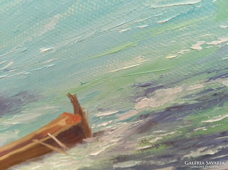 Antiipina galina: boat in the bay, oil painting, canvas, painter's knife. 40X40cm