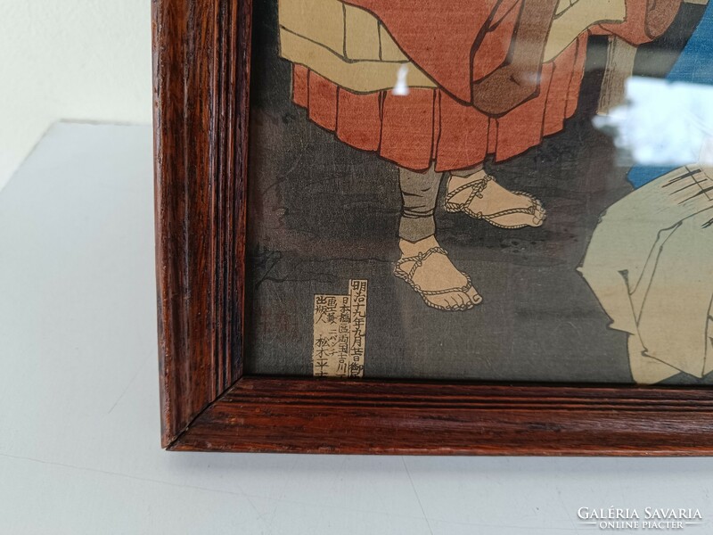Antique Japanese woodcut samurai motif in frame 716 8326