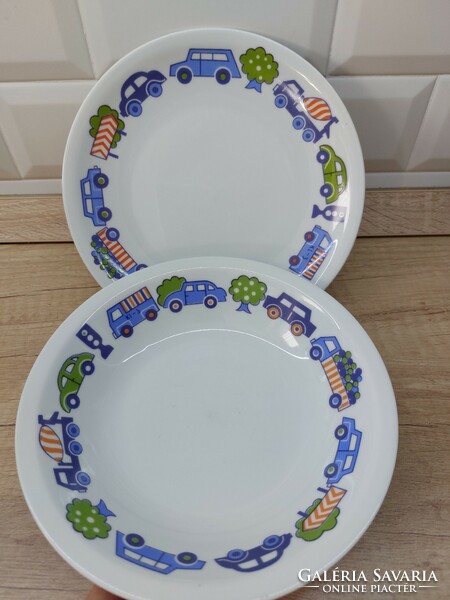 Alföldi porcelán kék kisautós, autós-fás, autós gyerek tányérok