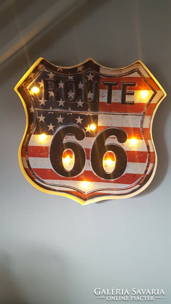 Route 66 felíratú,fémlemez világító falidísz,dekoráció