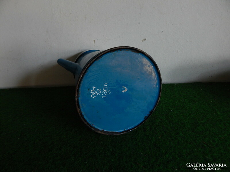Blue tin enamel pouring jug, height, 23 cm.