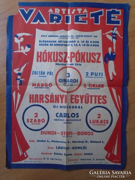Za475.9 Circus-artist variety show 1951-54 poster, local prices from HUF 2-5 hocus-pocus chamber variety show