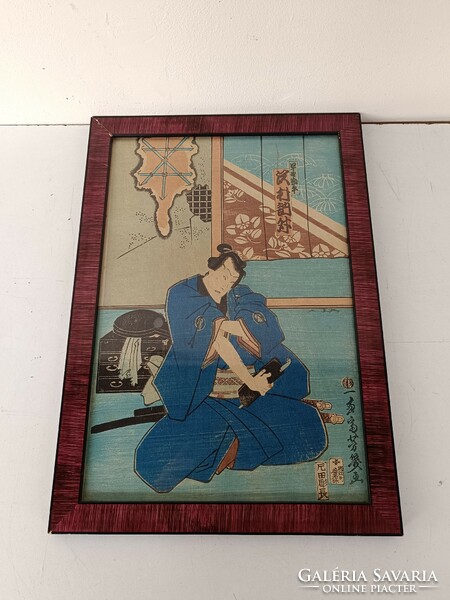 Antik Japán fametszet szamuráj motívum keretben 719 8325