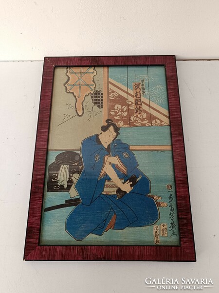 Antique Japanese woodcut samurai motif in frame 719 8325