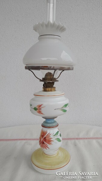 Milk glass table kerosene lamp, painted, with a small Parisian shade, 44 cm high