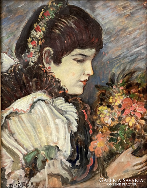 Andor Dudits (1866-1944) girl holding a bouquet of flowers