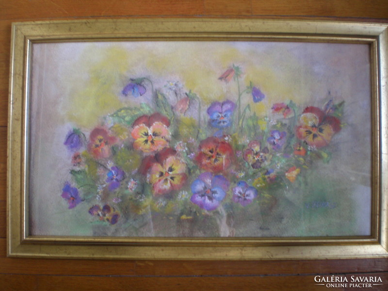 Elegant, wonderful pastel flower still life, golden frame, famous contemporary artist.