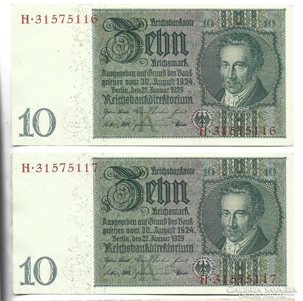 2 x 10 reichsmark 1929 Németország Vízjel A.Truer UNC sorszámkövető