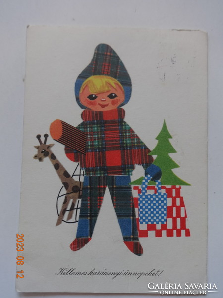 Régi grafikus karácsonyi üdvözlő képeslap - Gábor Éva rajz
