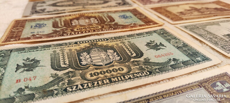 Pengő-milpengő páros sor 1945/46-ból: 10 ezertől 1 milliárdig (VF-VG) | 12 db bankjegy