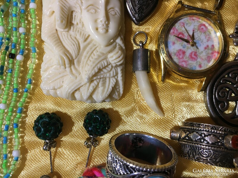 Ékszer csomag 925 ezüst gránát mézopál nepáli kézműves gyöngy zöld óra gyűrű karkötő nyaklánc medál